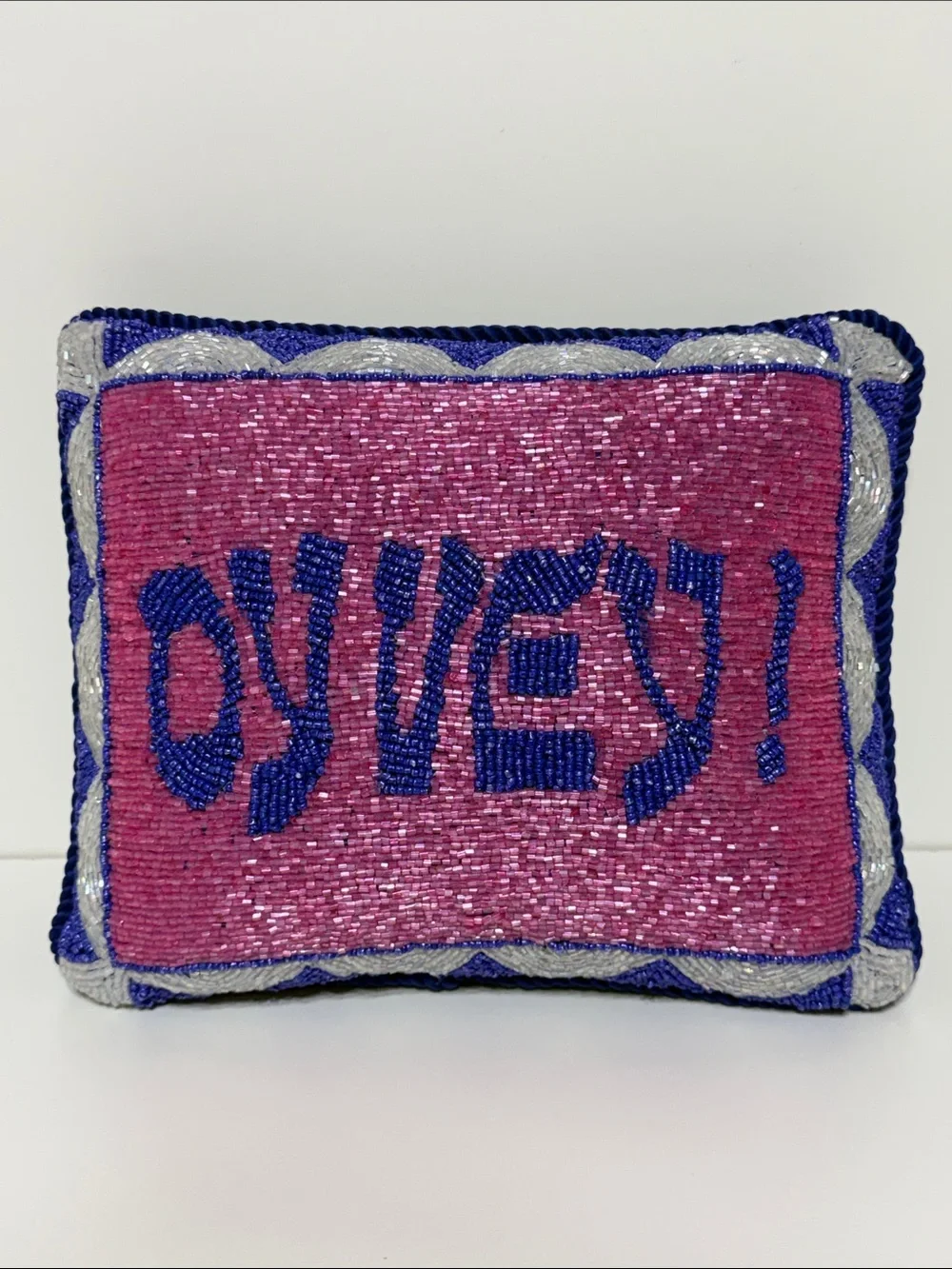 Sudha Pennathur Sequin Pink and Blue 'Oy Vey!' Decorative Beaded Pillow 8x10